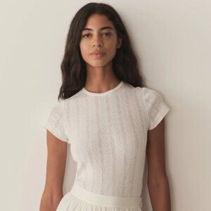 Doen White Pointelle Tee with Rainbow Trim